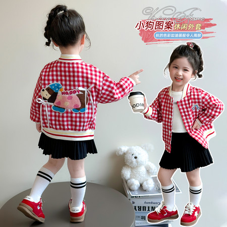 小彭友&小彭友&腊肠狗红格子棒球服外套