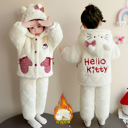 金色童年&金色童年&格子猫咪三层加厚睡衣