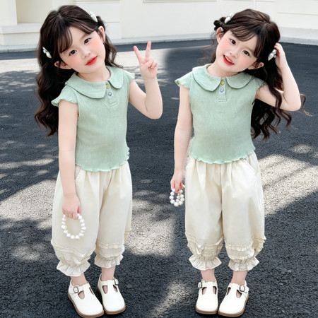 金色童年&金色童年&娃娃领花边裤套装