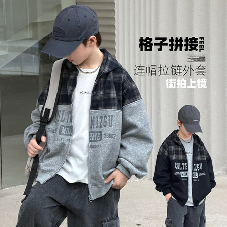 三右&三右&SY6829格子拼接拉链连帽外套