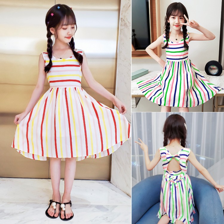 2020 summer girls' dress bow stripe skirt