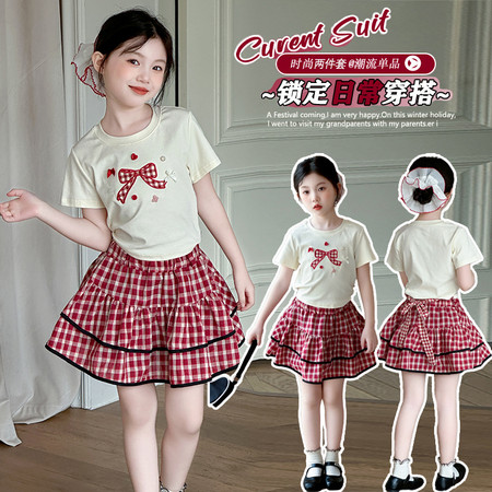 童年有梦&童年有梦&红色小格子蝴蝶结套装