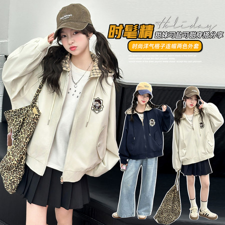 萌萱依品&萌萱依品&6801刺绣小熊格子连帽棒球服外套