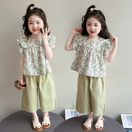 泡芙酱&泡芙酱&绿碎花飞袖娃娃衫两件套