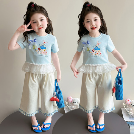 泡芙酱&泡芙酱&蕾丝卡通短袖九分裤套装