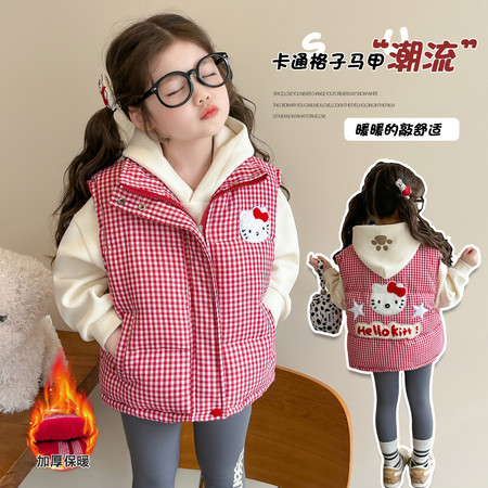 小兔快跑&小兔快跑&D15-红色kt猫格子手塞棉马甲