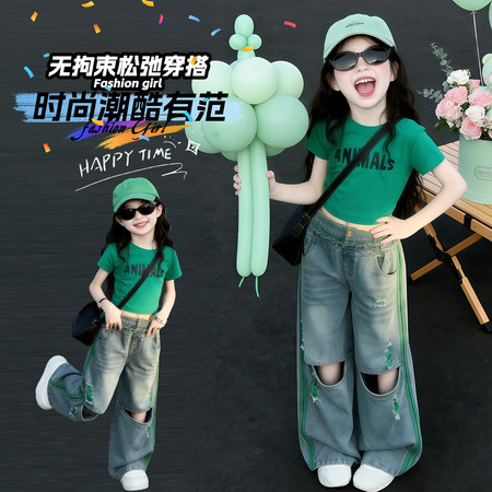 可优kids&可优kids&AI绿色短袖拼接牛仔裤套装