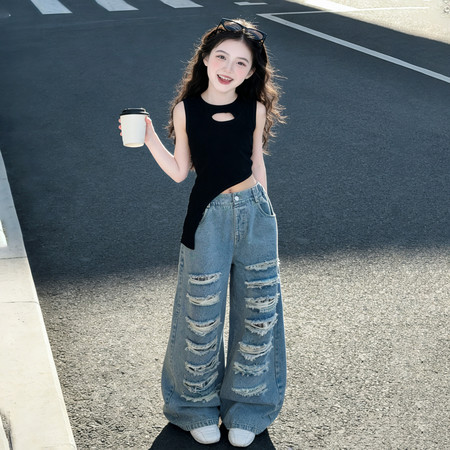 可优kids&可优kids&可优格子破洞牛仔裤背心套装