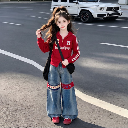 可优kids&可优kids&可优Q2601红上衣拼接牛仔裤套装