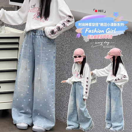 喜又Kids&喜又Kids&XY61款韩版女童烫钻阔腿牛仔裤