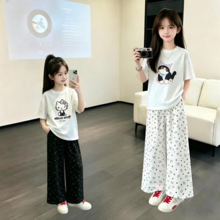 亿点点&亿点点&Y625猫咪印花冰感雪纺裤子套装