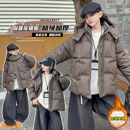 子诺服饰&子诺服饰&2592款咖色小羊皮棉衣棉服相拼格子