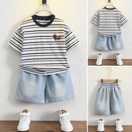 可可鹿&可可鹿&红色小马条纹短袖牛仔套