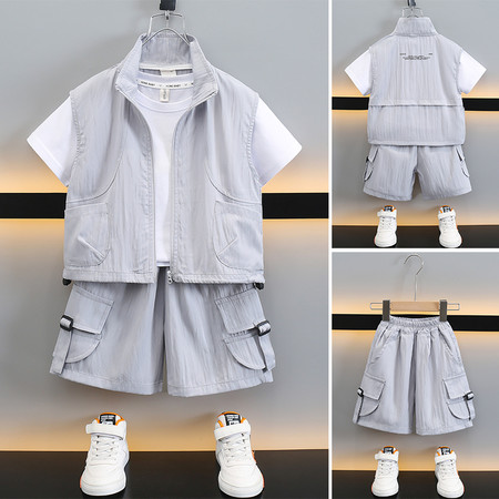 可可鹿&可可鹿&工装马甲三件套浅灰色