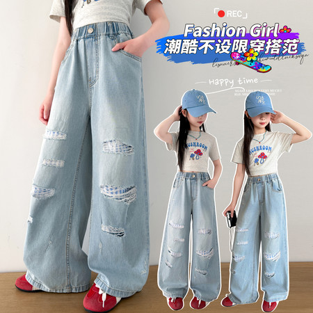 欣佳琦&欣佳琦&3116破洞条纹牛仔裤