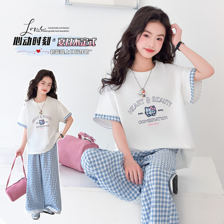 韩衣果儿&韩衣果儿&2606提花刺绣猫咪蓝色格子套装