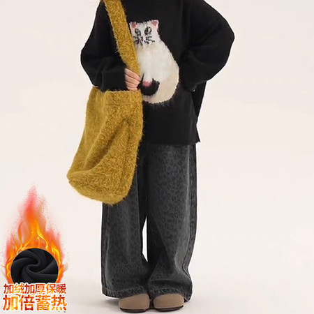 峻如网供&峻如网供&JR021秋冬新款加厚一体绒豹纹牛仔裤