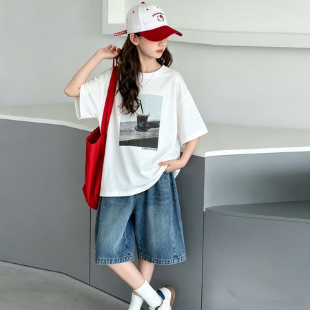 阿沐沐&阿沐沐&2611女童咖啡杯印花T牛仔中裤套装