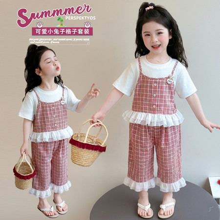 萱小糯&萱小糯&下摆网纱格子套装