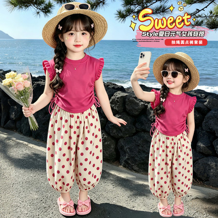 萱小糯&萱小糯&树莓波点小飞袖套装