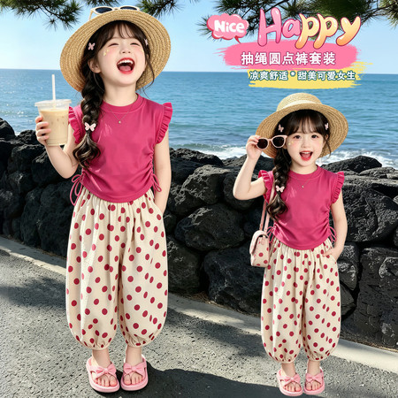 萱小糯&萱小糯&树莓色波点小飞袖套装