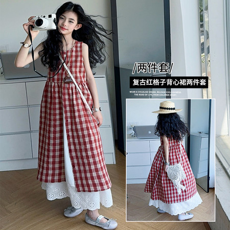潮妞社&潮妞社&2528夏季新品复古红格子背心裙两件套