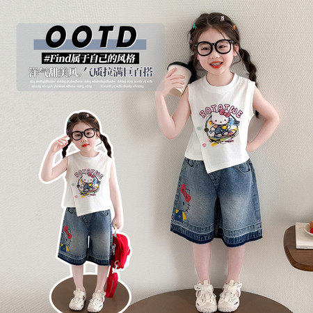 佳妮宝贝&佳妮宝贝&斜边背心牛仔短裤套装