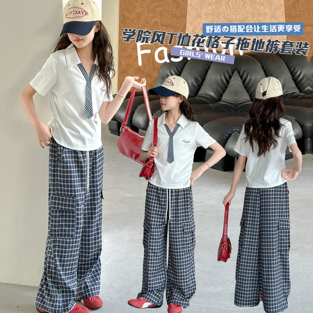 可雨可欣&可雨可欣&x2607款学院风T恤花格子工装拖地长裤