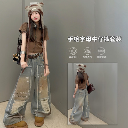 潮流童仔&潮流童仔&手绘字母牛仔裤套装