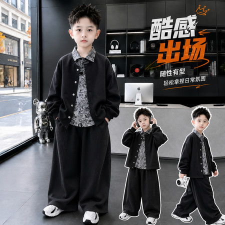 小豆潮品&小豆潮品&26Q02款花衬衫圆领针织开衫扣子套装