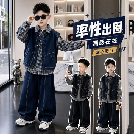 小豆潮品&小豆潮品&26Q06款牛仔马甲格子衬衫三件套
