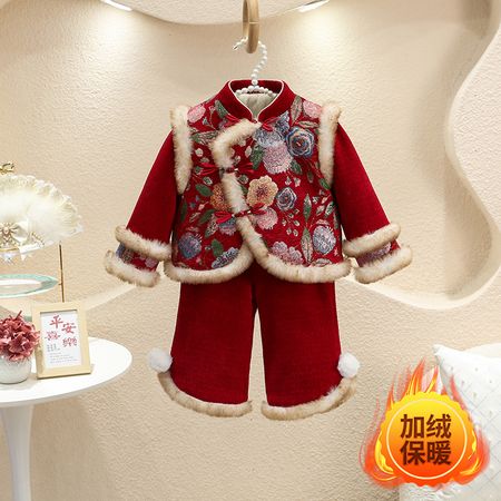 非凡衣族&非凡衣族&女童富贵牡丹花雪尼尔加绒加棉拜年服套装