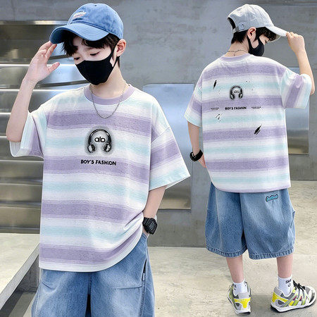 瑶妹儿童装&瑶妹儿童装&2605条纹坯布印夏季T恤