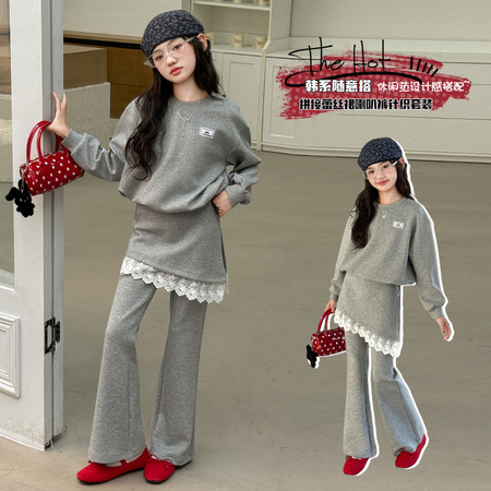 嘉贝琪&嘉贝琪&春季拼接蕾丝裙喇叭裤针织套装