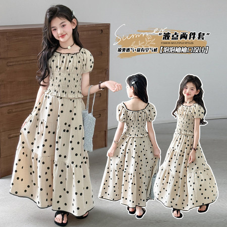 嘉贝琪&嘉贝琪&夏季泡泡袖波点裙棉麻套装