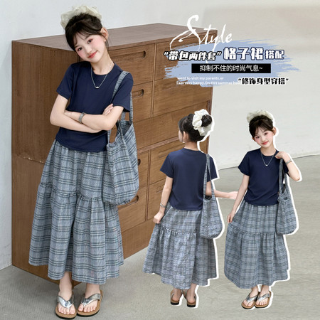嘉贝琪&嘉贝琪&夏季两侧打皱短袖格子裙套装