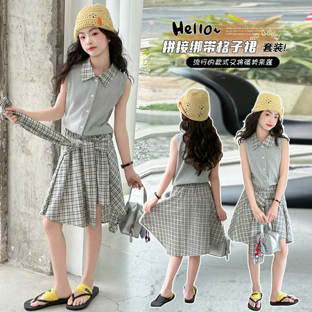 嘉贝琪&嘉贝琪&夏季Polo领无袖拼接格子绑带格子裙套装