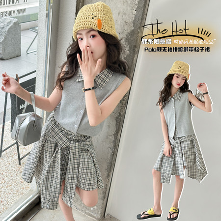 嘉贝琪&嘉贝琪&夏季Polo领无袖拼接格子绑带格子裙套装