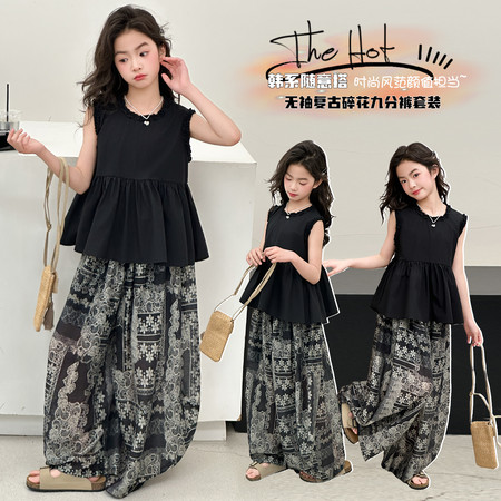 嘉贝琪&嘉贝琪&夏季无袖复古碎花九分裤套装