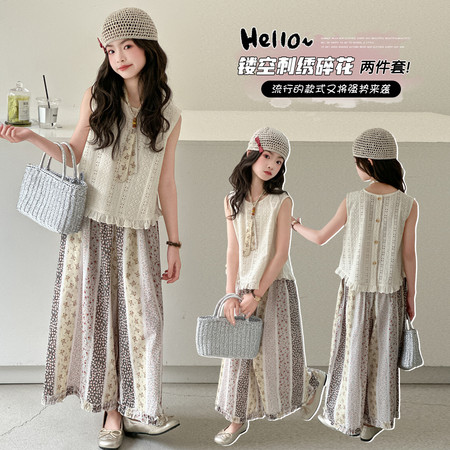嘉贝琪&嘉贝琪&夏季镂空刺绣碎花阔腿裤套装