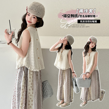 嘉贝琪&嘉贝琪&夏季镂空刺绣碎花阔腿裤套装