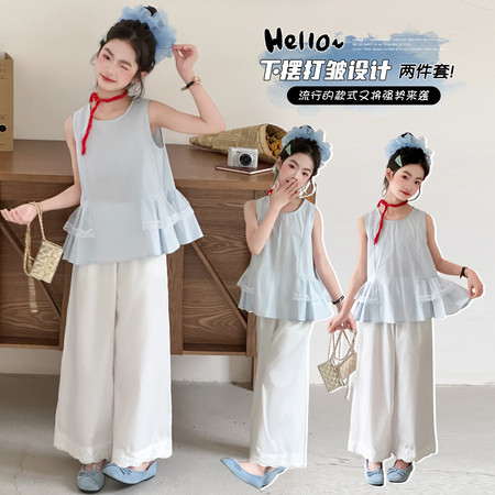 嘉贝琪&嘉贝琪&夏季两侧下摆打皱相拼蕾丝花边阔腿裤套装