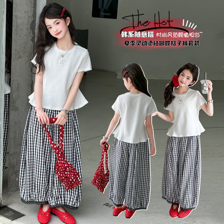 嘉贝琪&嘉贝琪&夏季灵动烫钻蝴蝶扇摆短袖格子裤套装
