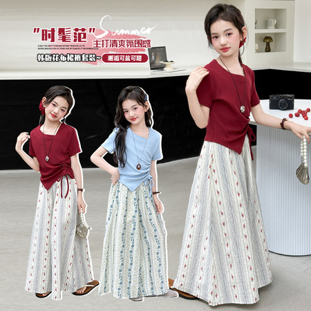 嘉贝琪&嘉贝琪&夏季侧抽绳不规则短袖碎花裙裤套装