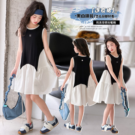 嘉贝琪&嘉贝琪&夏季黑白拼接无袖连衣裙