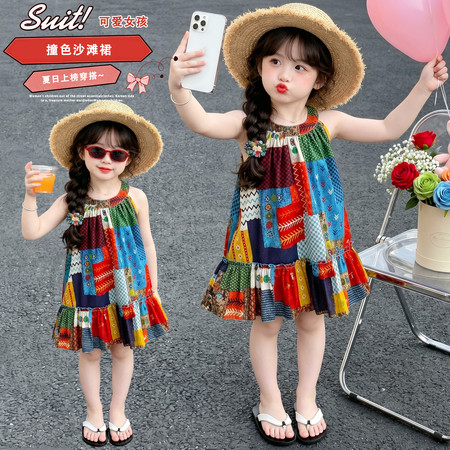 小胖丫童装&小胖丫童装&AI撞色沙滩裙