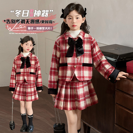 童年月船&童年月船&2025-D002红色格子呢套装加棉