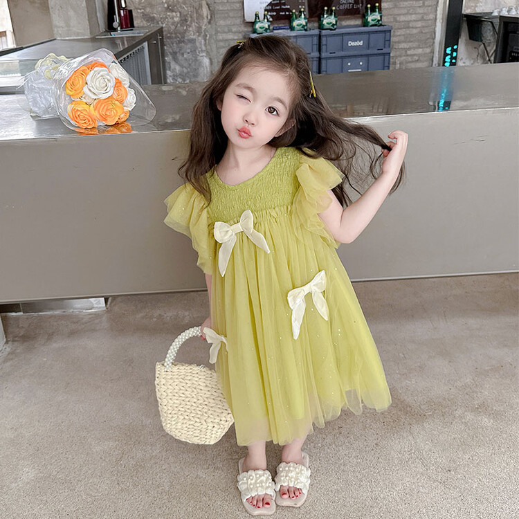女童蝴蝶结绿色网纱裙2024夏季新款洋气时髦儿童装女宝宝公主裙潮