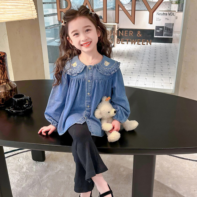 Girls' Bear Peter Pan Collar Denim Shirt