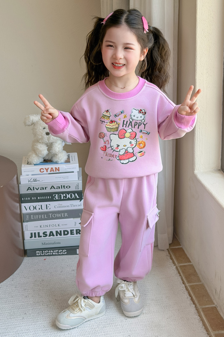 Girls' Rhinestone Cartoon Sweatshirt and Cargo Pants Set